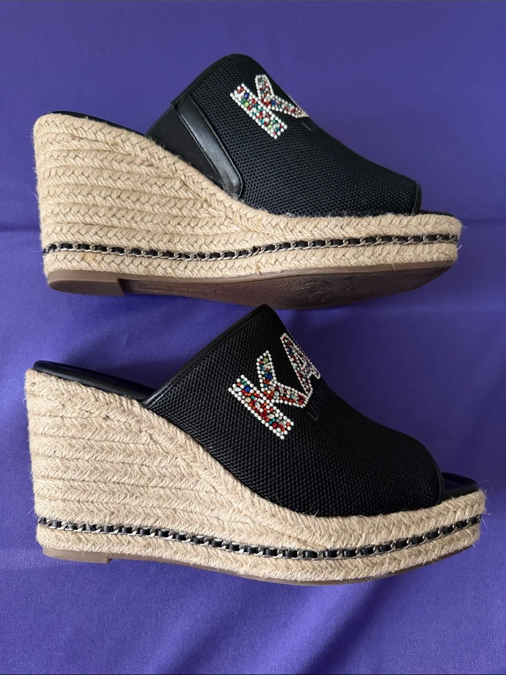 Karl Lagerfeld Paris Carissa Wedge Sandals  Black multi color Rhinestones Sz 8.5